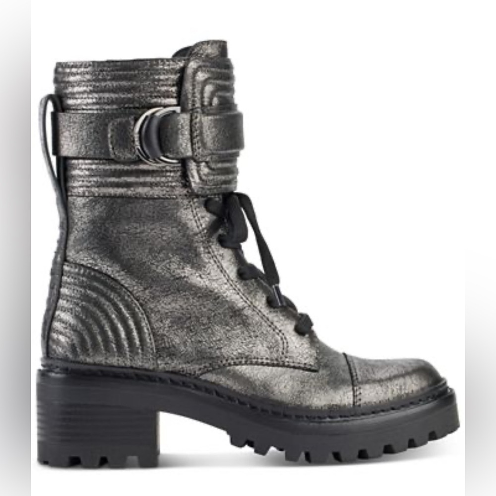 💚💜💚🌼NEW DKNY Women's Basia Buckled Quilted Lug Sole Combat Boots Gunmetal